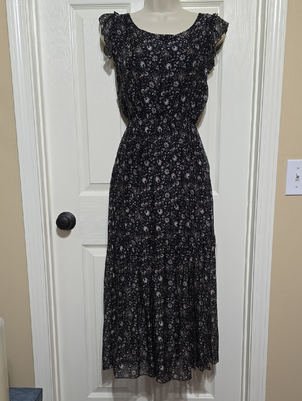 Floral Black Maxi Dress with Ruffle Cap Sleeves